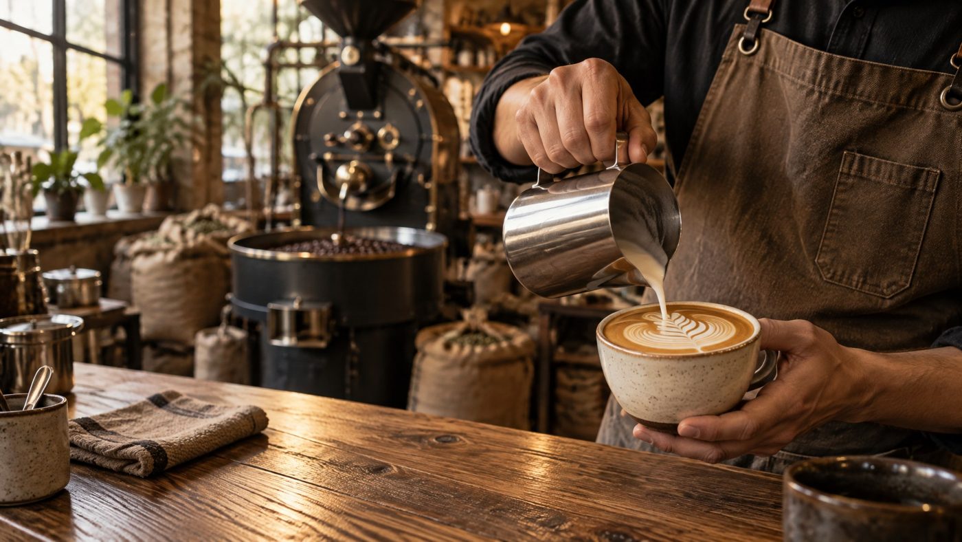 Barista pouring latte art in a warm café — concept website imagery