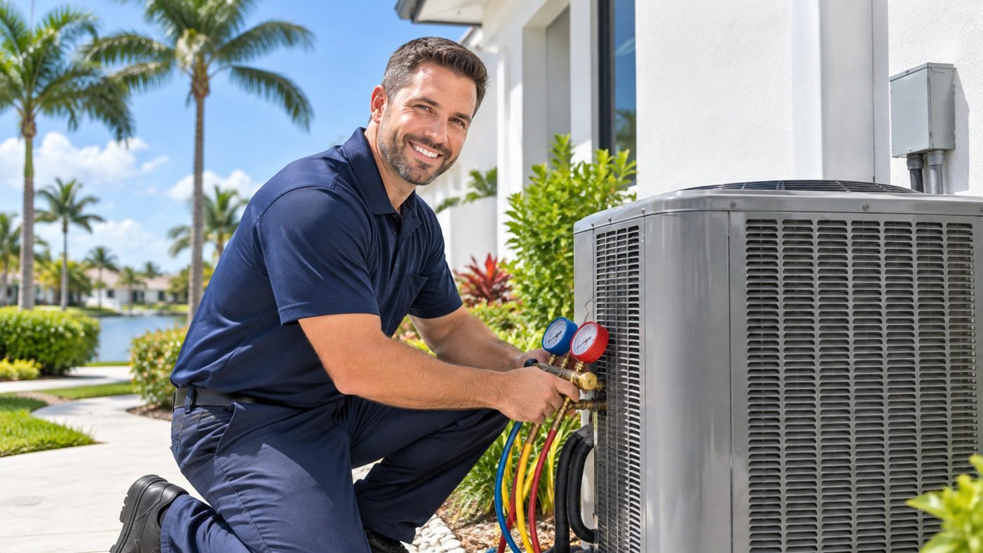 HVAC technician servicing an outdoor AC unit — concept website imagery