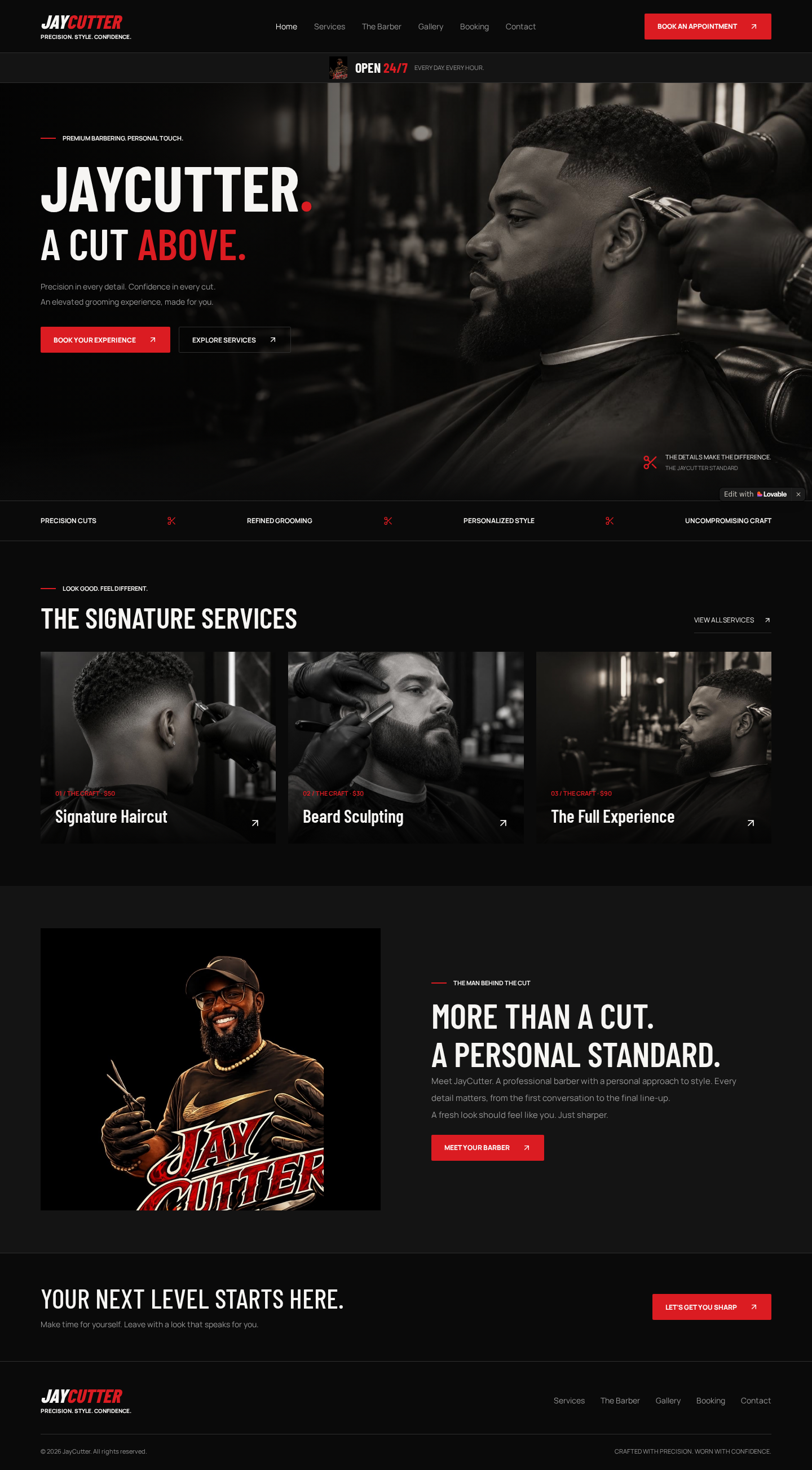 Screenshot of the live Jay Cutter Barber website, designed and built by Nahum Productions